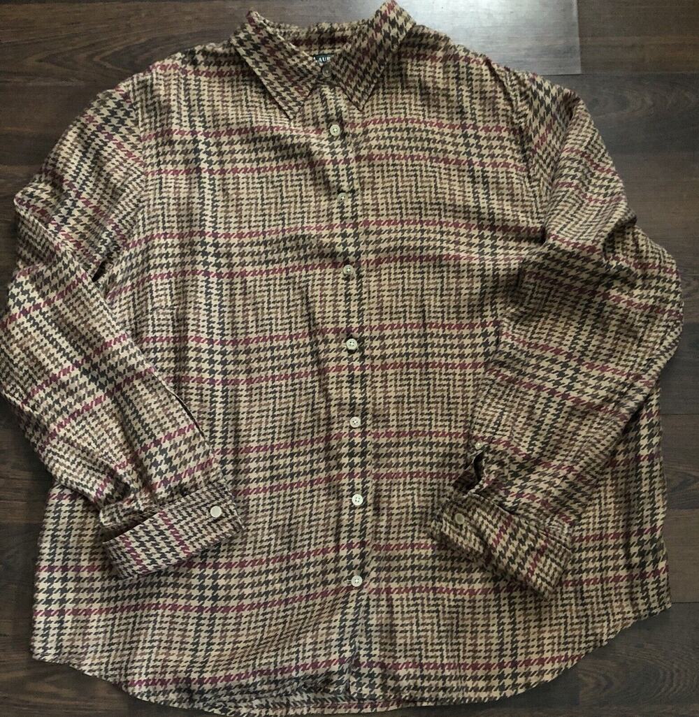 Rare Vintage Polo Ralph Lauren 100% Silk Plaid Button Up Shirt  womens 2X